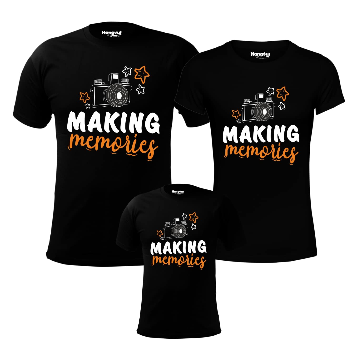 Hangout Hub HH69 Family-Men's Women's & Boy's-Making Memories Black Color-Cotton Printed Regular Fit T-Shirts (Set of 3) Matching Twinning Tees