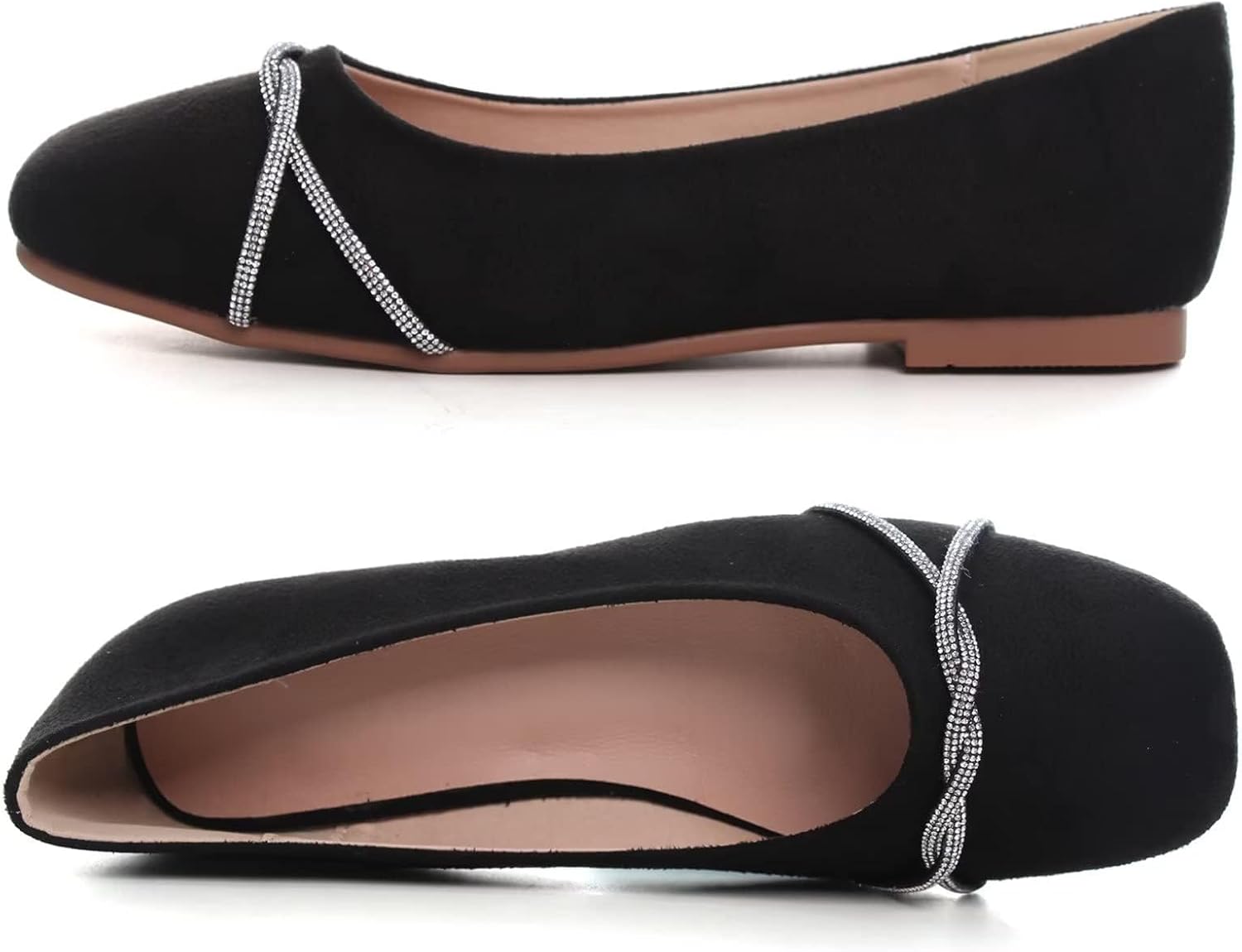 Stunner Women's Casual Flats Square Toe Rhinestone Ballet Flats Comfortable Slip on Dress Shoes Black 42(9.5) 2 - Image 6