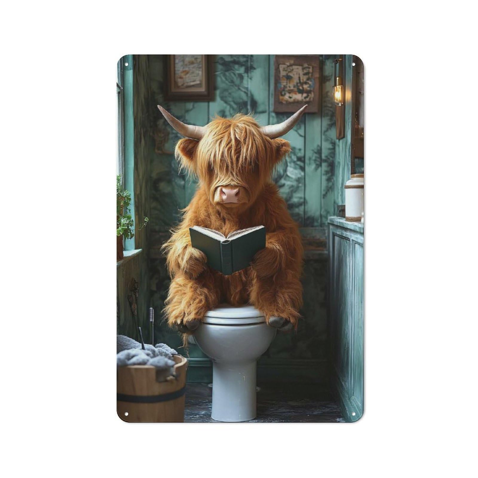 Junmoney Style-3 Highland Cow Reading On Toilet Vintage Printed Metal Sign 30X20cm For Café Or Home Bar, New Home Wall Decor For Hospitality Decor Collectors