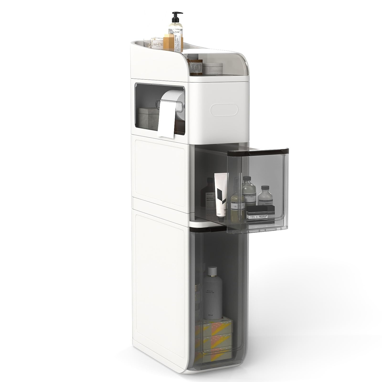 LIFEZEAL Carrellino Bagno Salvaspazio, Stretto, 18x43x88cm, Armadietto, Mobiletto Bagno con Ruote, con 2 Cassetti, Porta Carta Igienica, Piano Portaoggetti, Moderno, Cassettiera in Plastica (bianco)