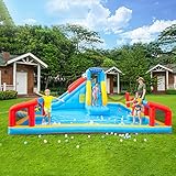 6 In 1 Aufblasbares Wasser-Hüpfburg Mit Sprinkler-Hüpfburg Mit Rutsche, Bällebad, Fußballtor, Volleyballnetz, Aufblasbarer Wasserpark Mit Gebläse Für Den Garten