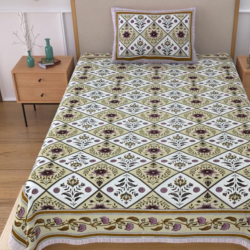 Image of 100% Cotton Single Bedsheet with 1 Pillow Cover | 240 TC Pure Cotton Flat Bed Sheet | Traditional Jaipuri Printed Bedding Set | Soft & Breathable | 60 x 90 Inch (Rangmahal Single 55)