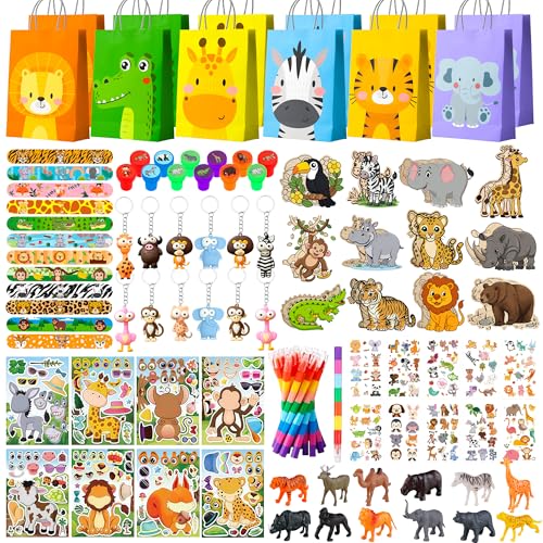 Kit de 108 piezas de suministros de fiesta de safari de la selva, incluye bolsas de recuerdos de fiesta de animales de la selva, calcomanías, sellos, llavero, etc. Decoraciones de cumpleaños de safari