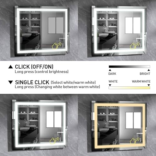 Miniatura 4 de walsport Espejo de tocador montado en la pared para baño con luces LED, brillo de control táctil inteligente, espejo de maquillaje antivaho para