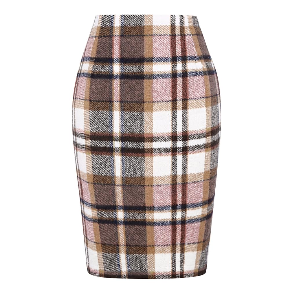 Kinghua Women's Wool Plaid Pencil Skirt High Waist Slit Bodycon Knee Length Pink L