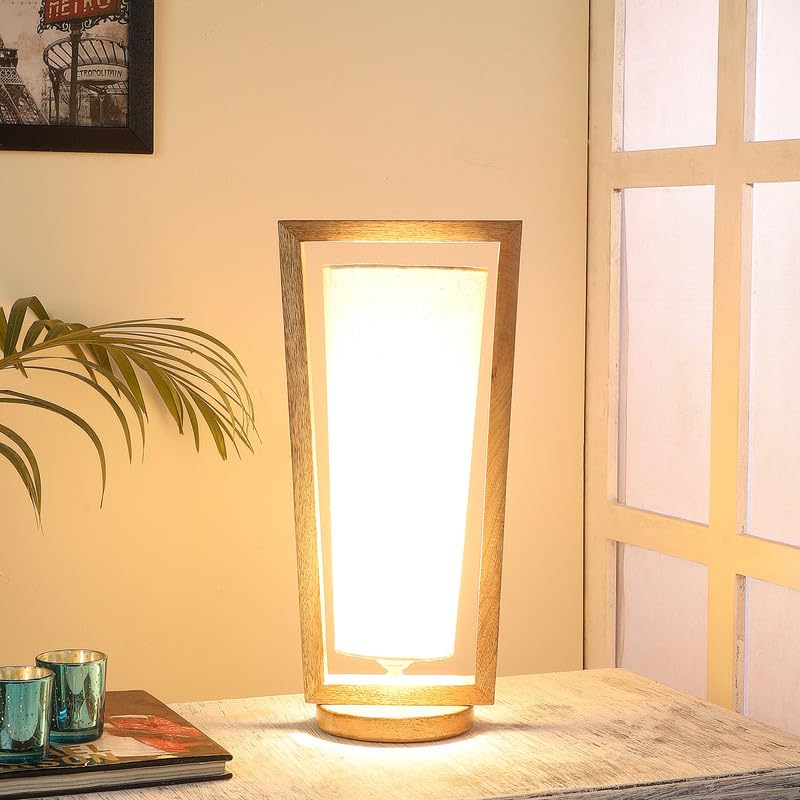 Image of tu casa Wooden Table Lamp Mango Wood Fabric Shade Bedroom 40cm