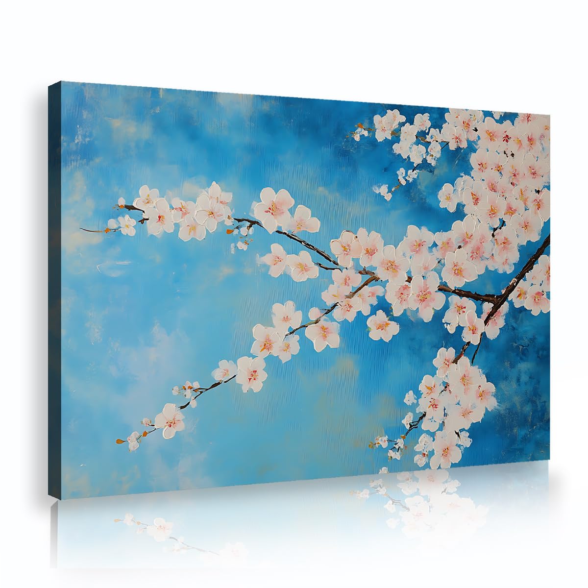 SHENGPOSTER Cerulean Sky Blue Cherry Blossom Canvas Wall Art Print Elegant Oriental Botanical Floral Artwork Picture for Living Room Ready to Hang Innerframe 20x30cm