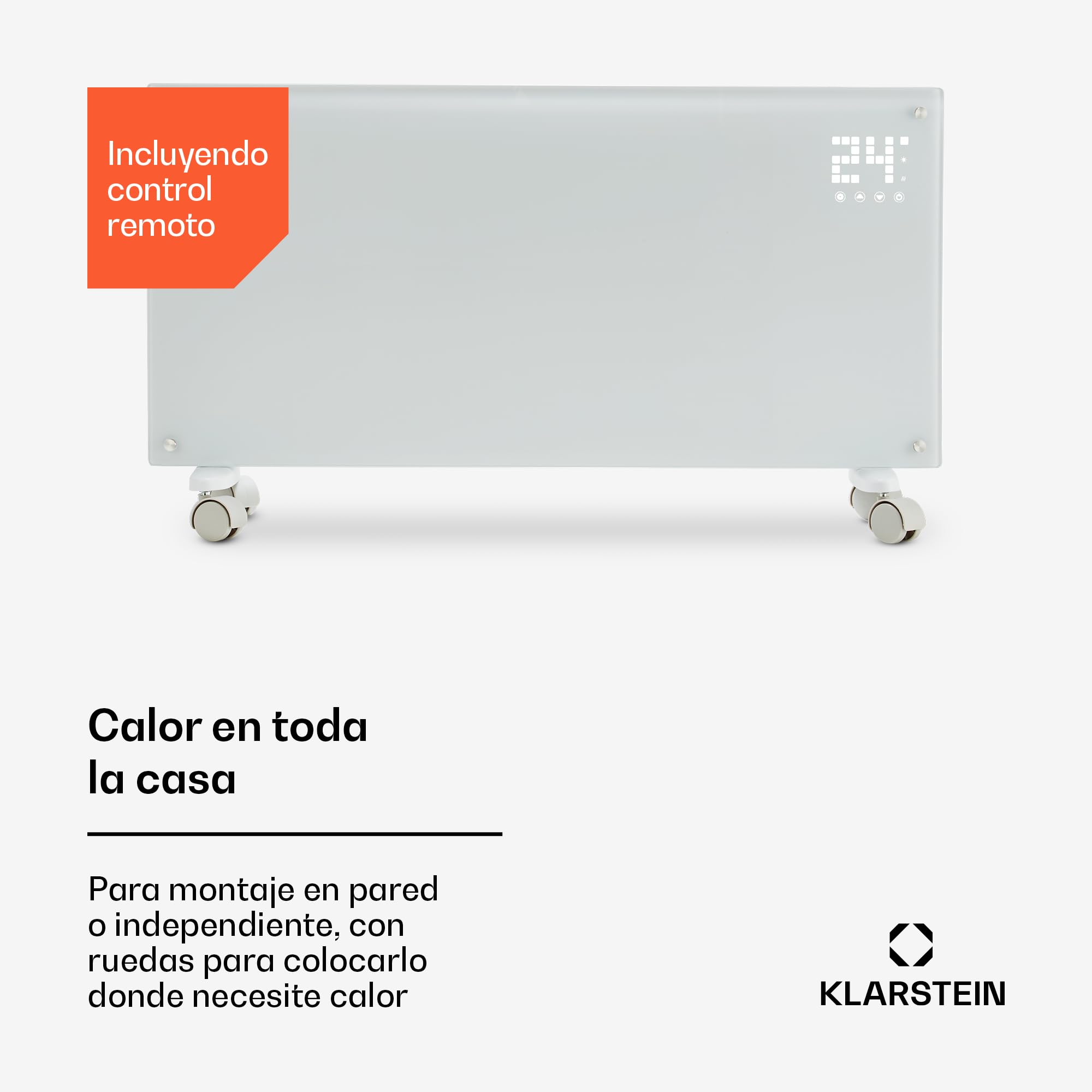 Klarstein Radiadores Bajo Consumo Electricos para Casa, Estufa Electrica de 2000W con Ruedas, Radiador Electrico Silencioso, Portátil y Delgado, Estufas con Panel para Pared, Pantalla y Termostato