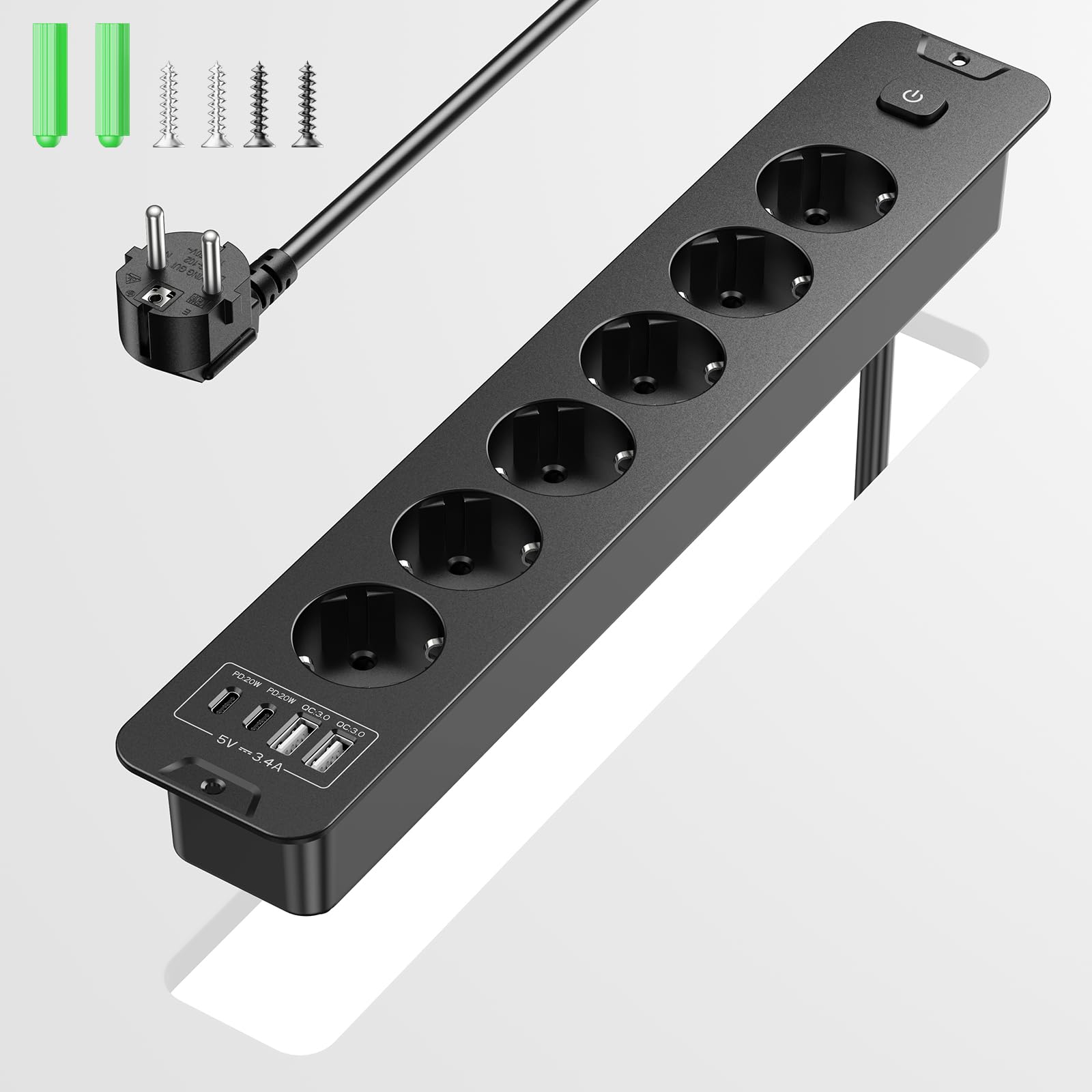 Einbausteckdose, versenkbare Tischsteckdose mit 6 Steckdosen + 4 USB (2 USB-C PD20W), 2 m Kabel, bündige Montage – für Konferenz-/Schreibtische, Möbel & Küchen