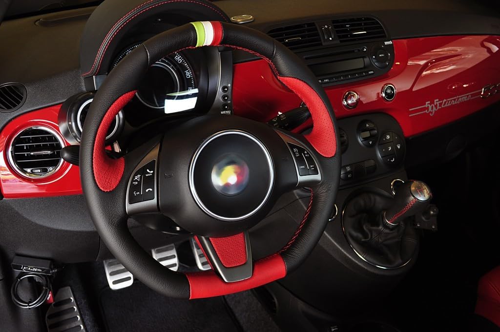 RedlineGoods Steering Wheel Cover Compatible with Fiat 500 Abarth 2008-21. Tailor Made - not Universal. Genuine top-Grade Italian Black Suede (Alcantara) with Silver Thread