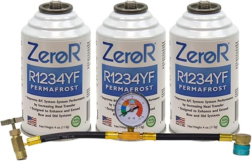 ZeroR Permafrost para sistemas de CA refrigerante R1234YF Booster de rendimiento Latas de 3-4 onzas + grifo y calibre de 12 pulgadas