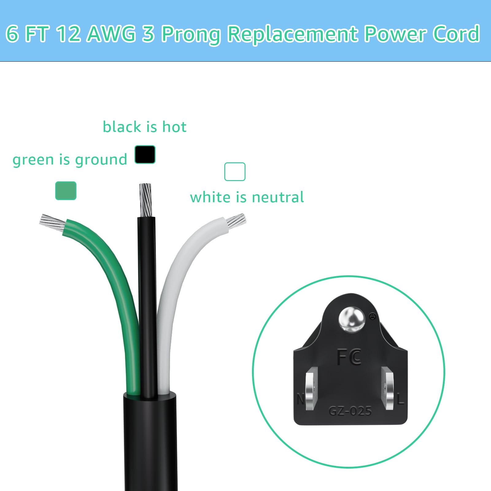 LaWana 6ft 12 Gauge 3 Prong Heavy Duty Replacement Power Supply Cord Cable 110V 115V 120V Pigtail,for Appliance, Power Tools,Compatible with Dishwashers,12 AWG 3 Conductor Wire Cable