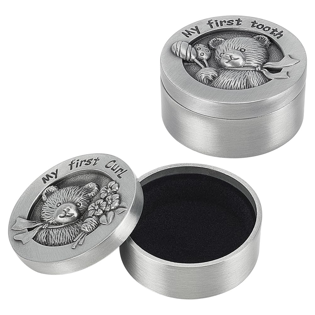 FINGERINSPIRE2 PCS My First Curl & Tooth Bear Keepsake Box - 1.3inch Inner Size Antique Silver Baby Teeth Collection for Childhood Memory, Alloy Tooth Holder and Curl Organizer Set