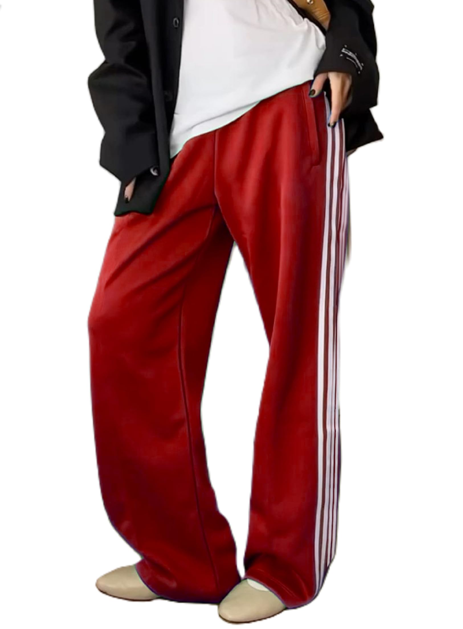 KMBANGI Gestreifte Trainingshose für Damen, elastische Taille, gerades Bein, Jogginghose mit weitem Bein, Seitenstreifen, Hose mit Taschen