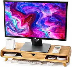 Suporte Base de Bambu p/ Monitor, Mesinha de Apoio p/ Melhorar Postura Organizador Acessórios, Heimon (Natural)