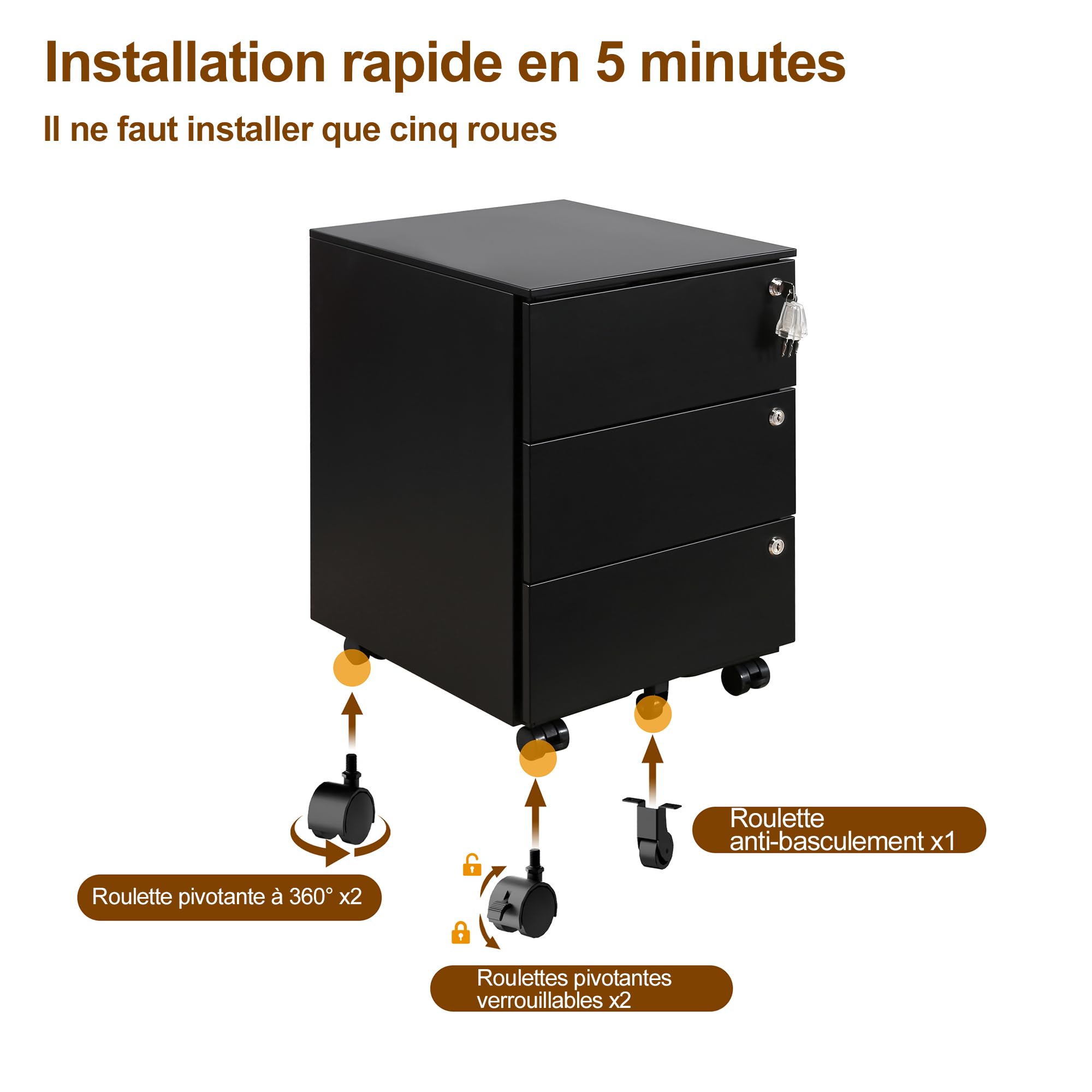 Caisson de Bureau, Meuble de Rangement Bureau, avec 3 Serrures, 4 Clés, Caisson à Tiroirs, 3 Tiroirs, Armoire Métallique, Prémonté, Noir