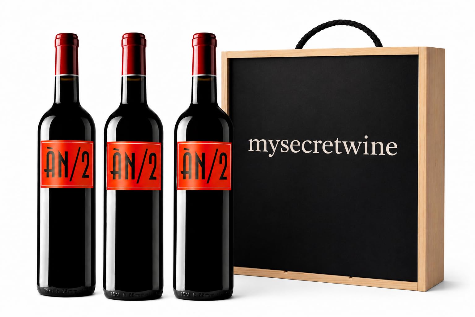 ÀN/2 Vino Tinto – Pack de 3 Botellas de 75 cl + Caja de Madera MySecretWine – Vino de Mallorca – Ànima Negra – Estuche para Regalo