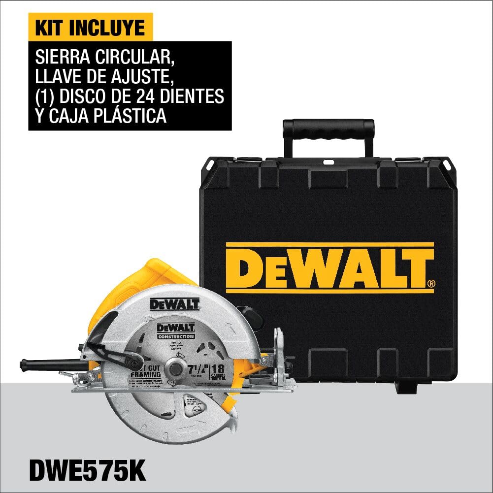 DEWALT DWE575K-QS - Sierra Circular 1600W, Profundidad de corte 67mm, Cuchilla de 190mm, Velocidad 5200 rpm, Diámetro de cuchilla 30 mm, Maletín Incluido