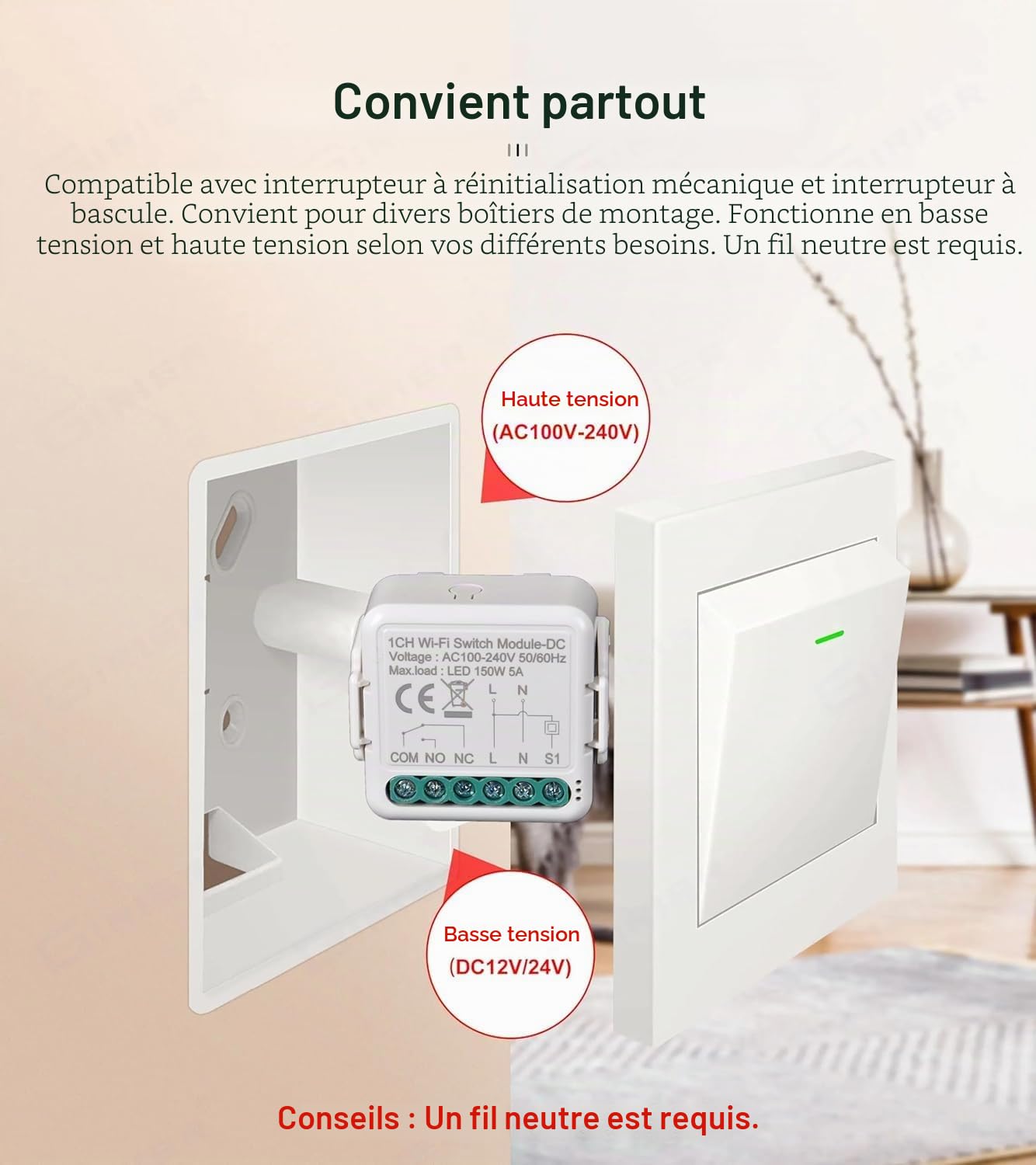 Interrupteur Wi-Fi intelligent Jog/Relais sans fil, 1 canal DC 12/24 V AC 100-240 V, application Tuya/télécommande Smartlife, contact sec, module compatible avec Alexa et Google (3)