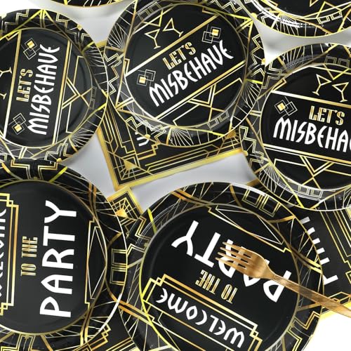Image of 100 Pcs Roaring 1920s Party Decorations, Speakeasy Misbehave Black Gold Birthday Party Decors Art Decor Retro Murder Mystery Party Supplies for 1920s Vintage Flapper Wedding Supplies Serve 25