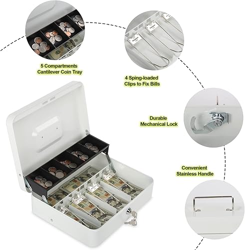 Miniatura 7 de Caja de efectivo con cerradura y 2 llaves, caja de dinero de metal con bandeja para efectivo, caja fuerte con cerradura, 4 ranuras para billetes5