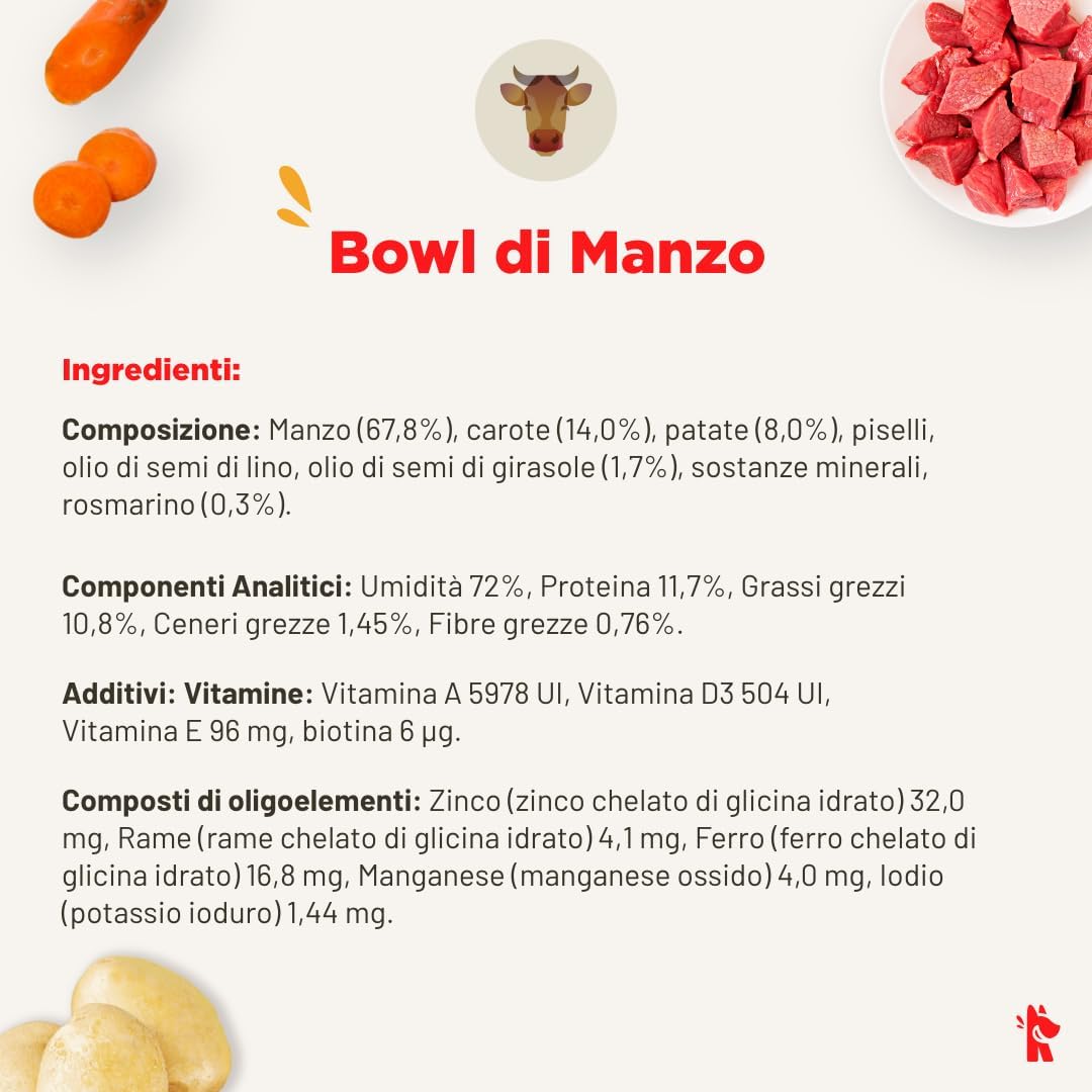 Cibo per cani al manzo naturale, 14 buste x 700g, monoproteico e senza cereali e conservanti, pappa fresca casalinga, Made in Italy, adatto a tutte le razze e taglie