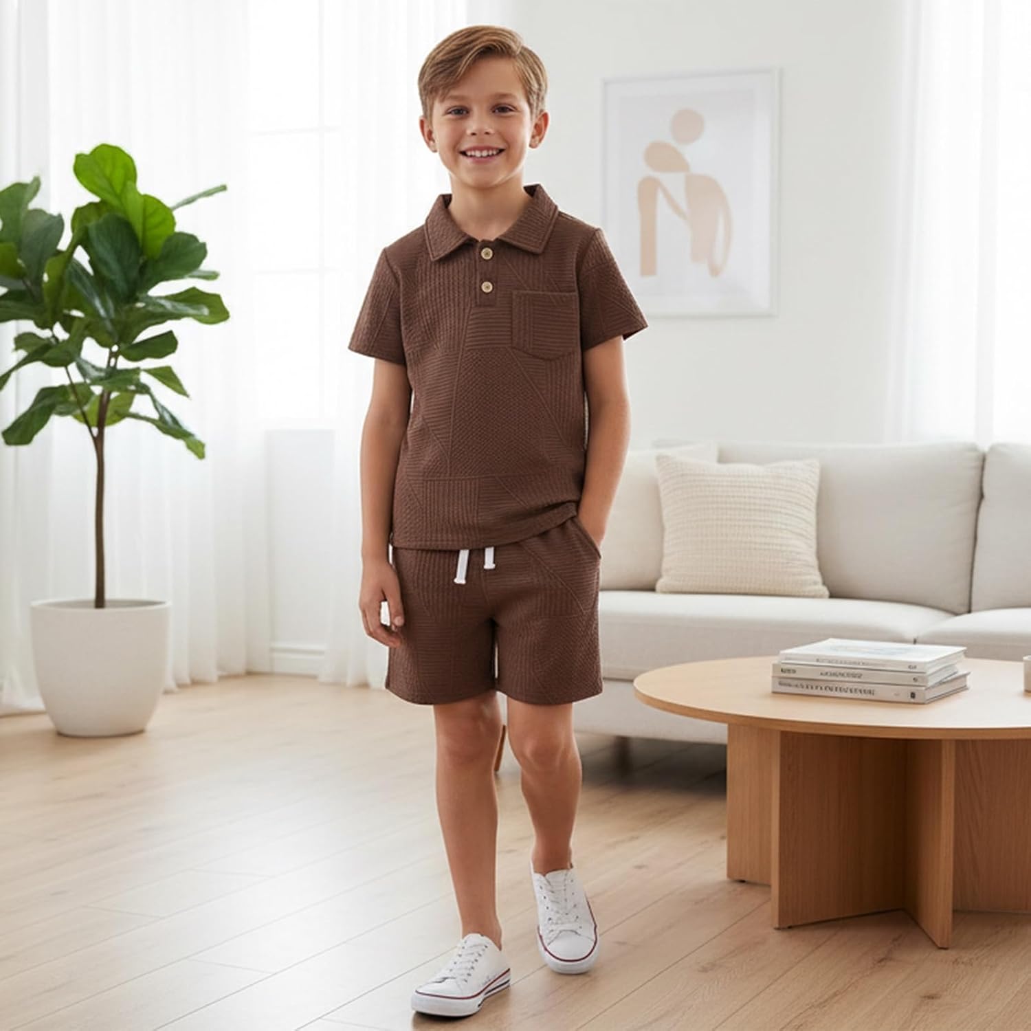 Tween Boys Clothes Summer Short Sleeve Textured Button-down Shirts & Shorts Set with Pocket 2PCS Kids 6-14 Years Old