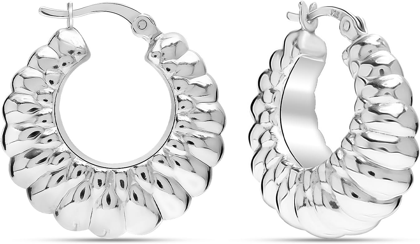 LeCalla 925 Sterling Silver Chunky Hoop Earrings | Lightweight Classic Handmade Electroform Hollow Hoops | Italian Design Shrimp Earrings Hoop for Women