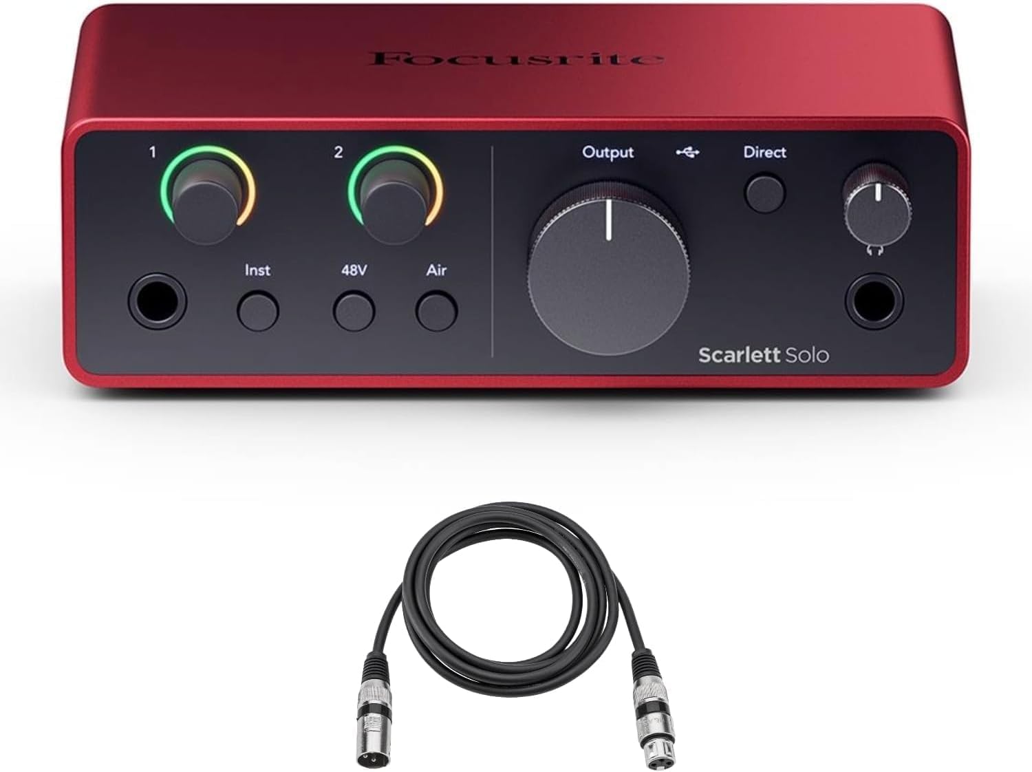 Focusrite Scarlett Solo 4th Gen USB Audio Interface Bundle with 10-Foot Balanced XLR Microphone Cable — 24-Bit/192kHz Recording, Air Mode with Presence and Harmonic Drive, Bus-Powered USB-C