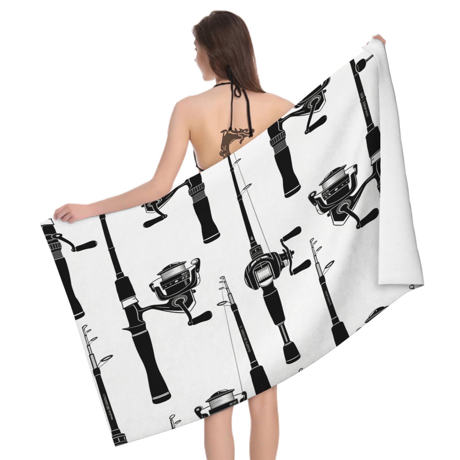 Leichong 3D Fishing Rod Beach Towel Large Microfiber Soft Quick Dry for Adults, Simple Bath Towel Lightweight Soft Absorbent for Travel Swimming Pool Sports, 80 x 160 cm