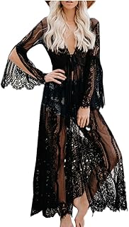 YouKD Women's Lace Cotton Dress Hollow Floral Robe Boho Loose Kimono Beach Bikini Cover Up Dresses