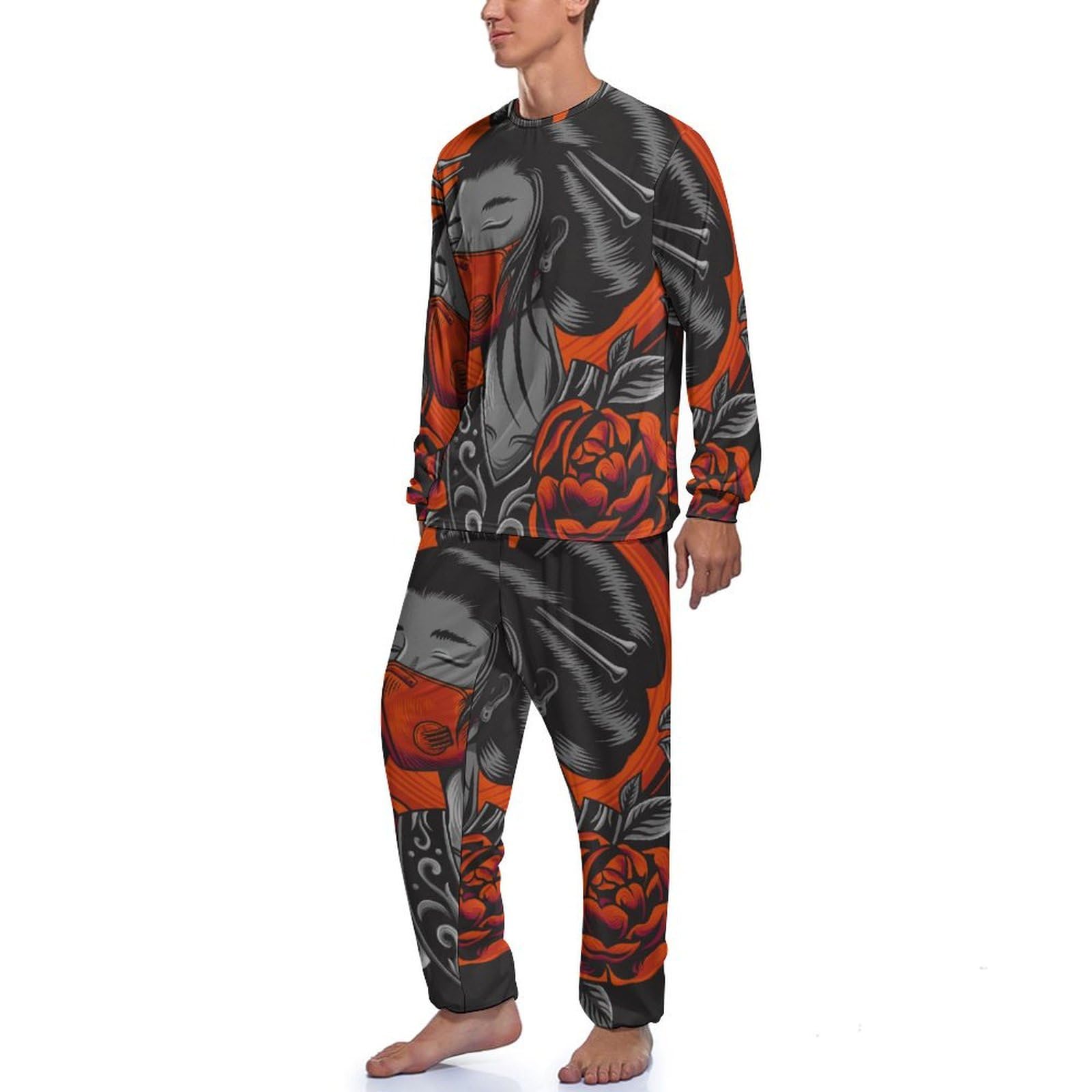 Japanisches Mädchen Herren Schlafanzug Lang Pyjama Set Nightwear Langarm Nachtwäsche Sleepwear