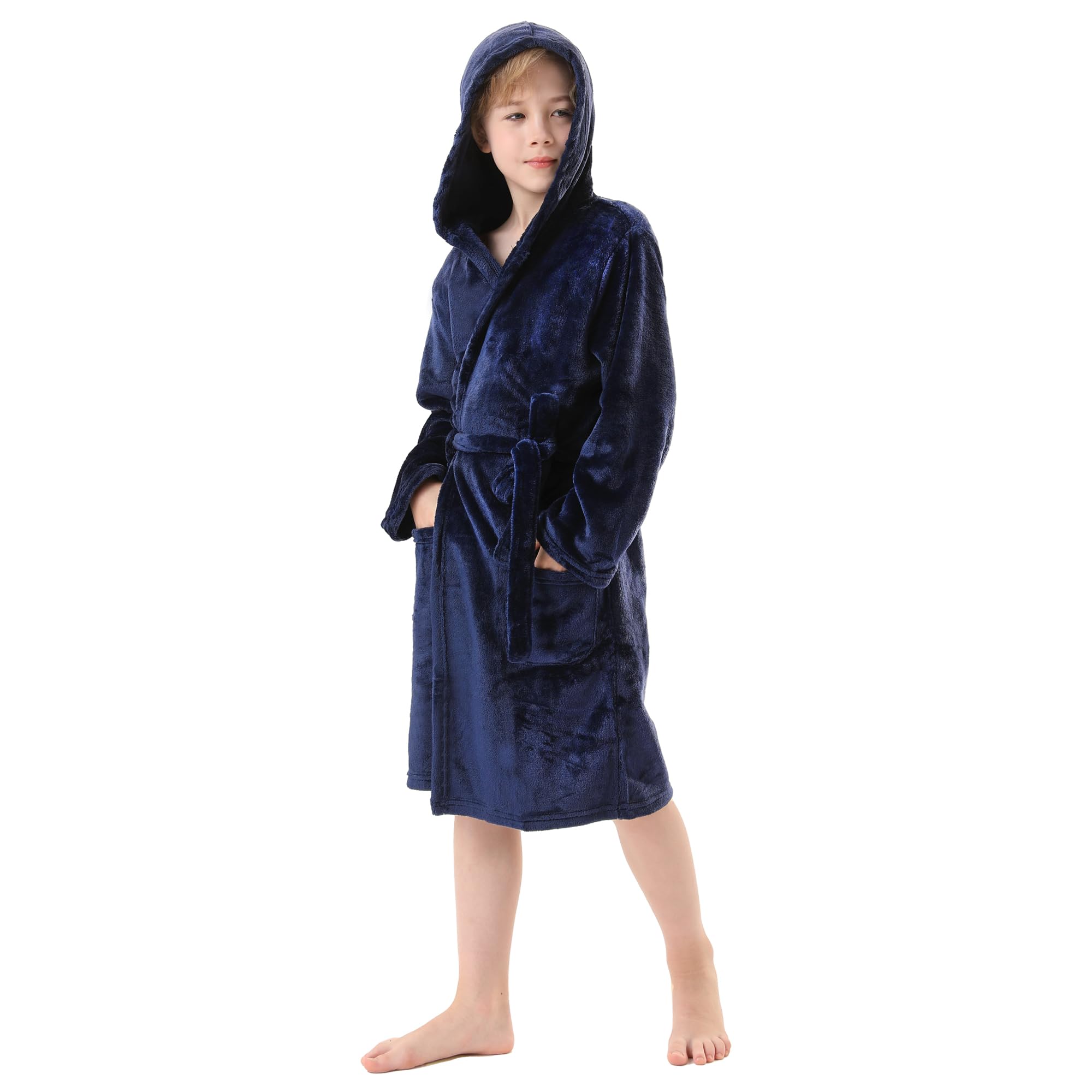 Boys Fleece Robe, Hooded Plush Soft Fuzzy Bathrobe for Kids 3-14 Years