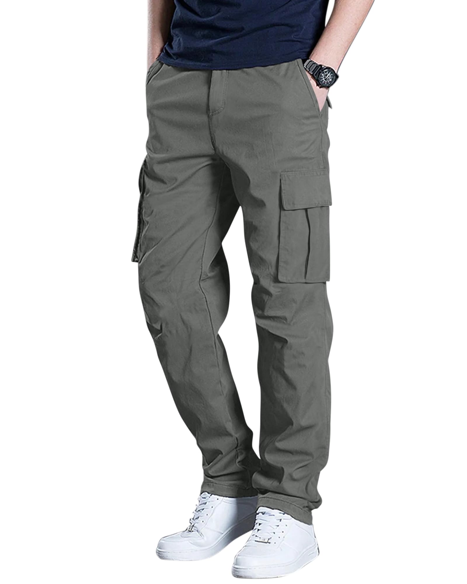 Mens Cargo Pants Stretch Sweatpants Elastic Drawstring Casual Workout Joggers Hiking Tactical Pants with 6 Pockets
