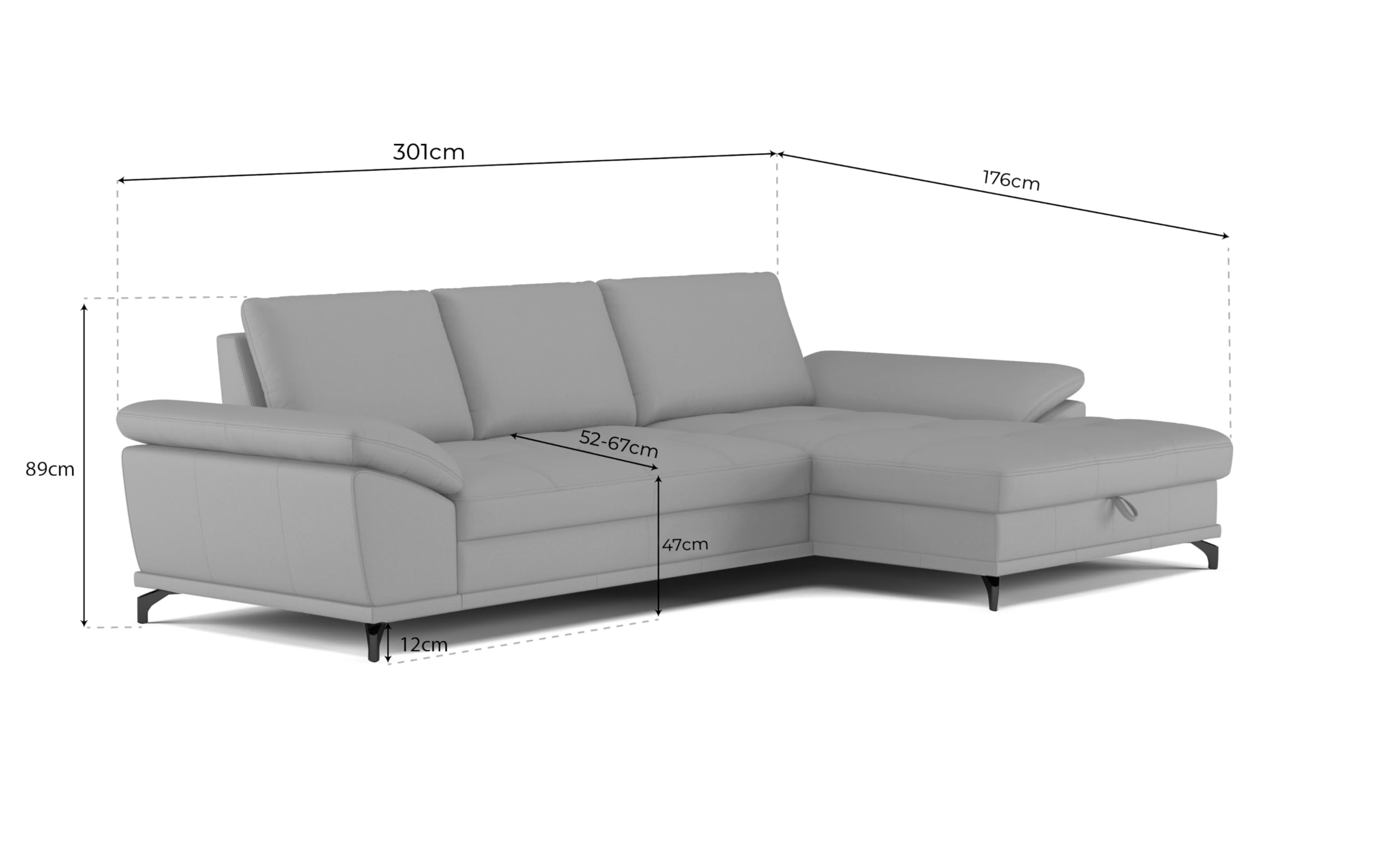 CAVADORE Castiel Canapé d'angle à Ressorts avec Grande Chaise Longue, réglage de la Profondeur d'assise, appuie-têtes et Pieds en métal Noir Mat, 301 x 89-114 x 176 cm, en Cuir véritable, Blanc
