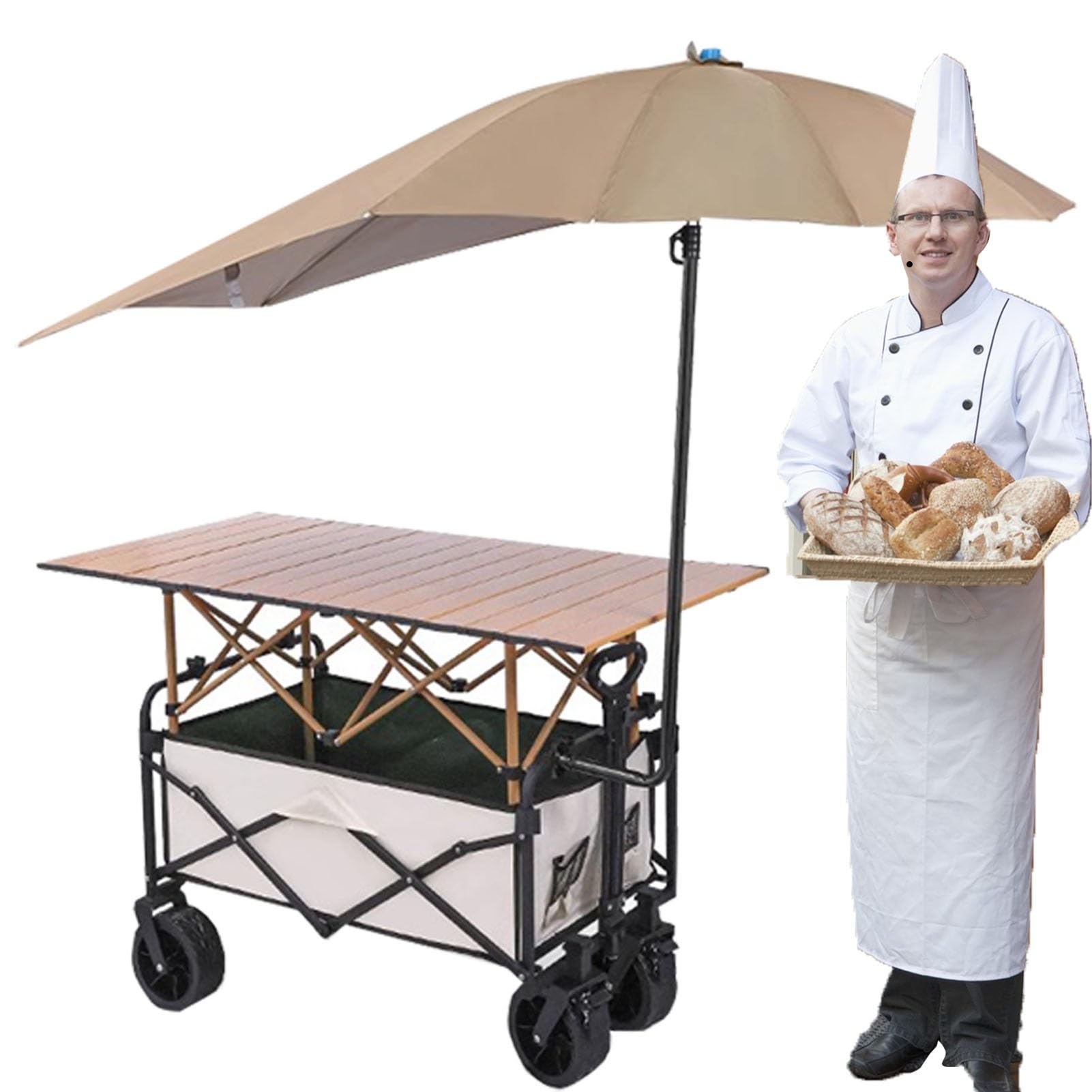 Chariot de vente mobile de 120cm avec table à roulettes et parasol pour hot-dogs