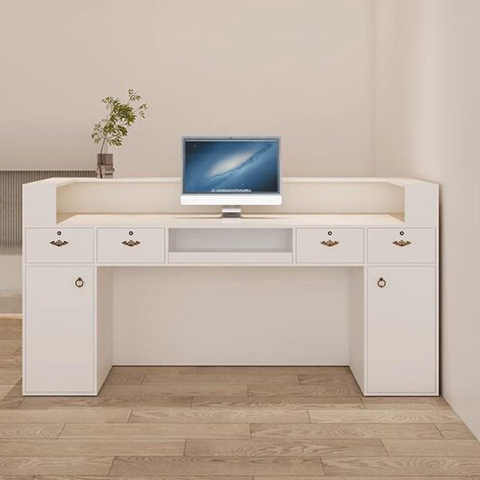 Banco Reception per Ufficio, Salone e Negozio | Pronto all'uso con piano rialzato, cassetto con serratura, ripiano tastiera e vano espositivo(Beige,150cm)