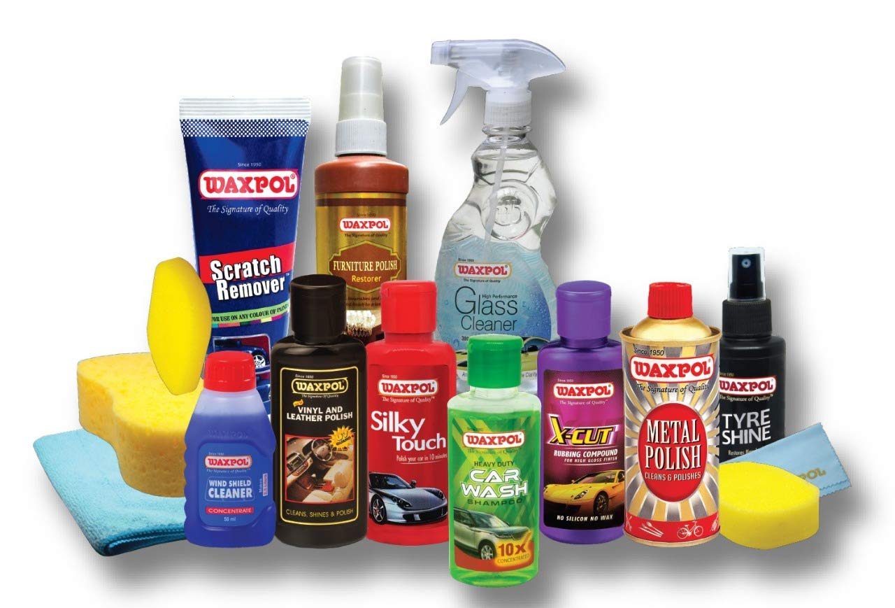 Waxpol Car Care Bucket Kit – 16 Pcs: Includes Car Wash, Glass Cleaner, Car Polishes, Tyre Shine, Scratch Remover, Rubbing Compound, Bucket, Applicators, Microfiber Cloth for Vehicle & Home Care