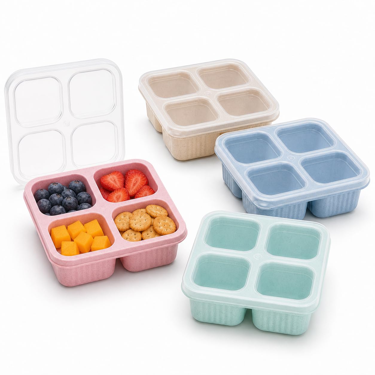 AURALIN 4 Pack Small 4-Compartment Snack Boxes with Clear Lids 600 ml