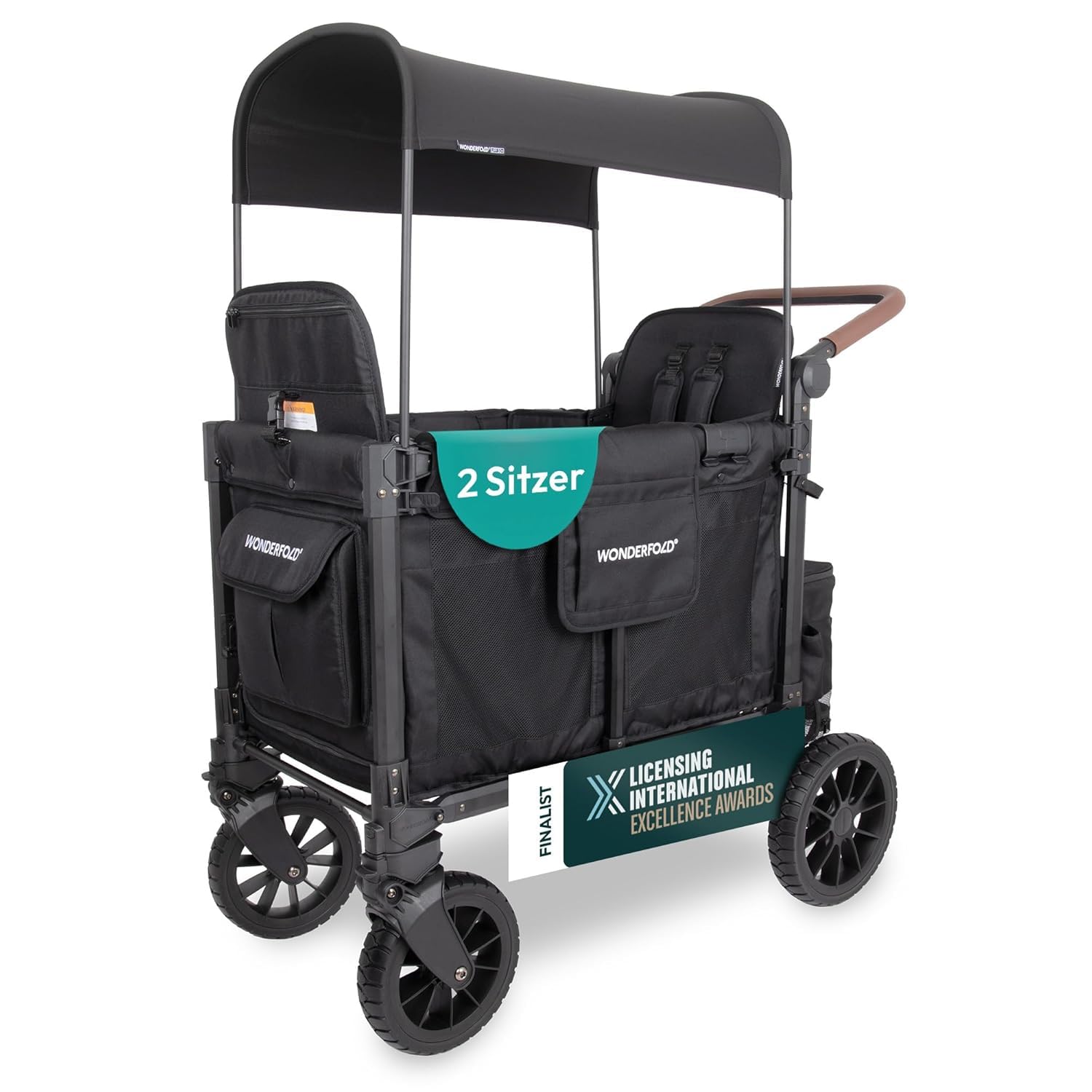 WONDERFOLD W2 Luxe Pro Passeggino (2 posti) – Passeggino pieghevole con sedili con cinture di sicurezza a 5 punti e tettuccio parasole regolabile, nero corvino