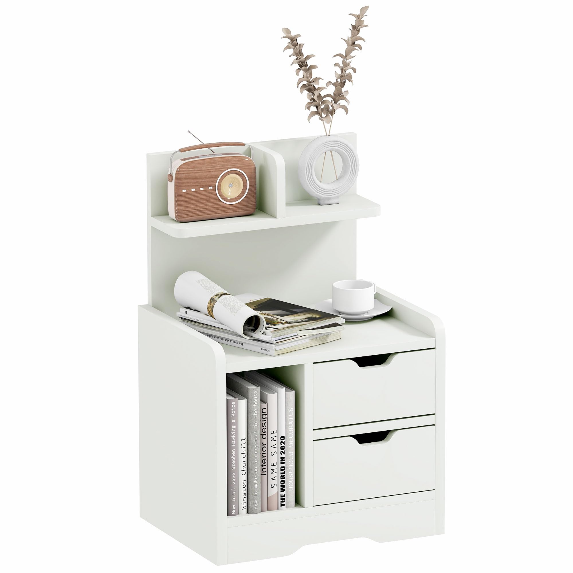 Homcom White Bedside Table With 2 Drawers And Storage Shelves For Living Room Bedroom Accent Table Small Cabinet,