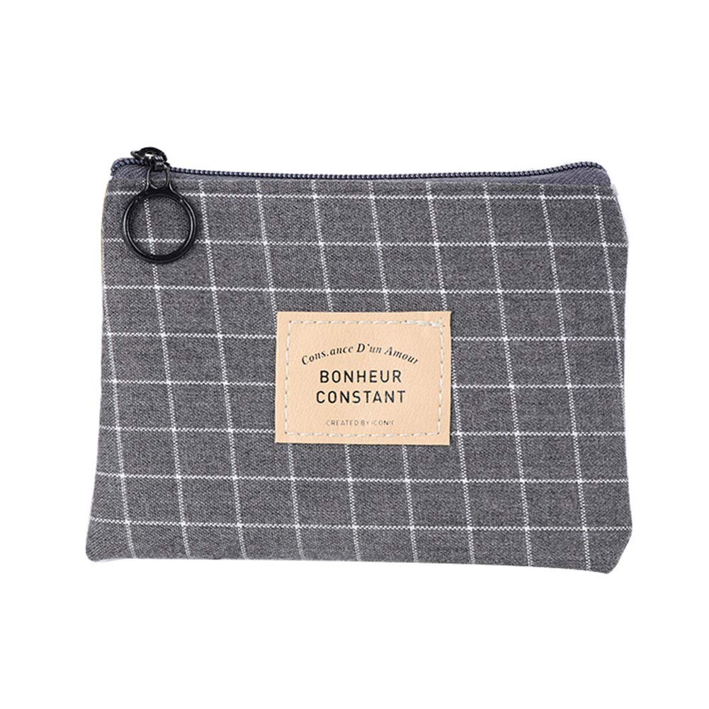 Originaltree Fashion Grid Stripe Mini Canvas Coin Purse Women Wallet Cosmetic Storage Bag Grey