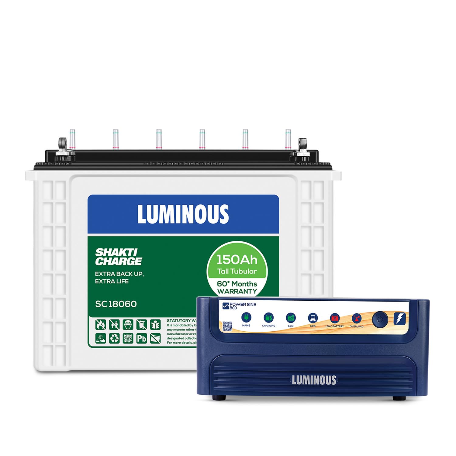Luminous Inverter & Battery Combo (Power sine 800 Pure Sine Wave 700VA/12V Inverter with SC 18060 Tall Tubular 150Ah Battery) for Home, Office & Shops