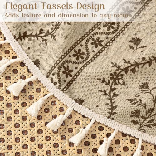 Image of Yinhua Boho Curtains for Living Room 63 Inch Length Vintage Linen Curtains for Bedroom Light Filtering Window Curtain Rod Pocket & Back Tabs Rustic Tassel Drapes with Tiebacks, Beige Brown