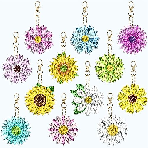 Lot de 12 porte-clés double face, motif fleur 5D, peinture diamant, pendentifs peinture strass, kits de fabrication pour femmes et filles, multicolore