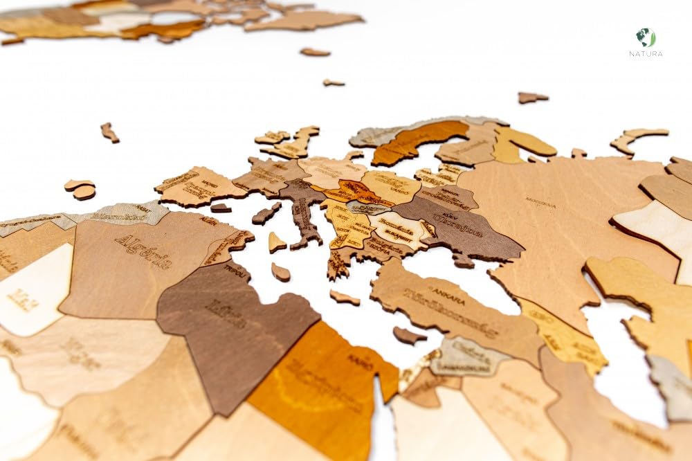 Natura Products Drewniane puzzle 3D, mapa świata – dekoracja ścienna z drewna z kompasem – [małe, 130 x 70 cm, duże 200 x 110 cm) (200 x 110 cm)