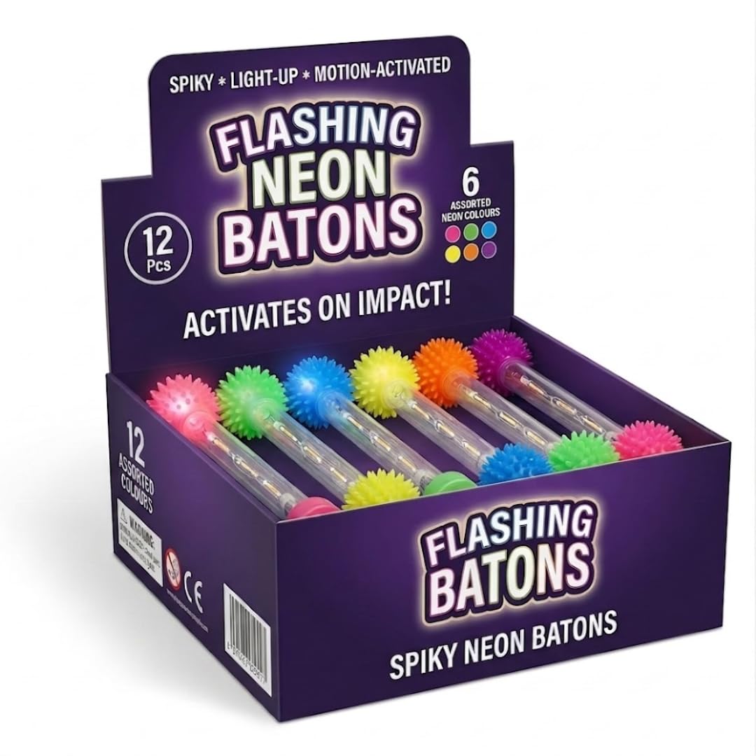 TC Toys - Sensory Light Up Spiky Ball on a Stick - 12 Pack Neon Flashing Wand Toys for Kids - Tactile Fidget Bulk Set for ADHD, Autism & Party Bags - Fun Birthday Favours & Classroom Rewards