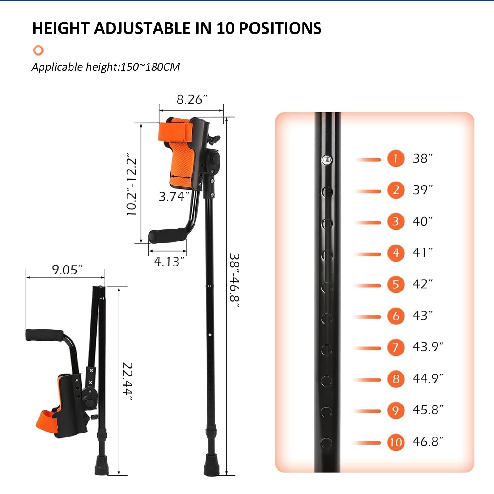 Bastón de antebrazo, muletas plegables con soporte de codo giratorio de 90°, altura ajustable de 10 niveles, muletas portátiles para antebrazo, capacidad de carga de 100 kg, muletas para adultos con