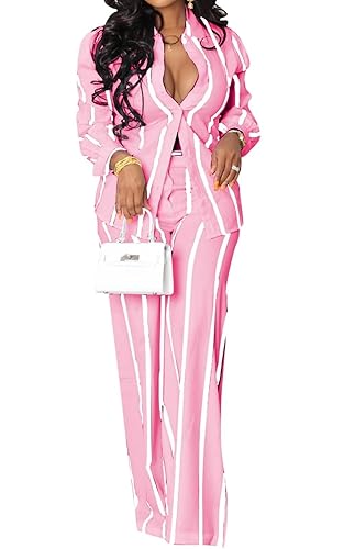 Remelon Women's Casual Two Piece Outfits Striped Long Sleeve Collar