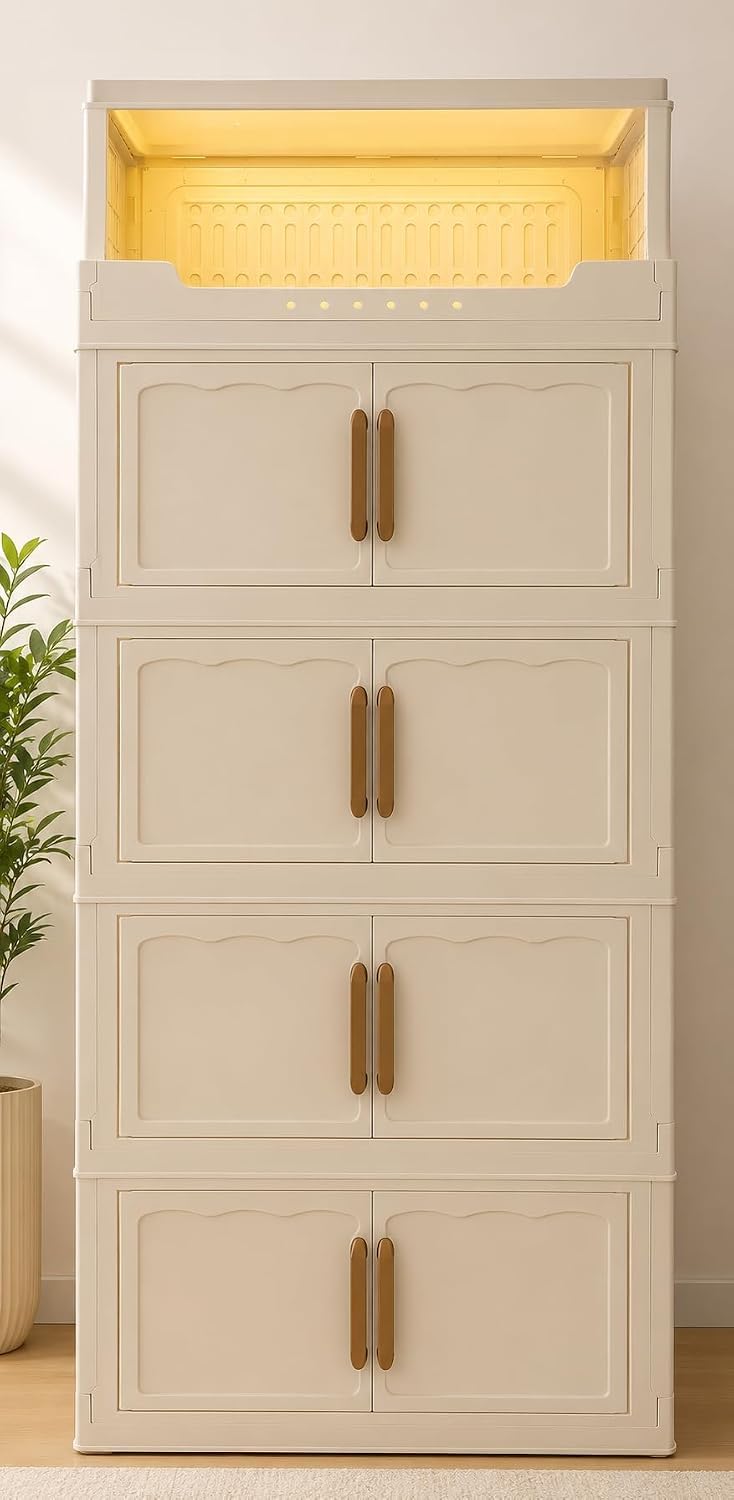 4 Layer Foldable Storage Cabinet, 115 x 25 x 50 cm, Beige | Double Door, Wheels, Top Open Shelf, Stackable, Multipurpose for Clothes, Toys, Books & Kitchen-image-2